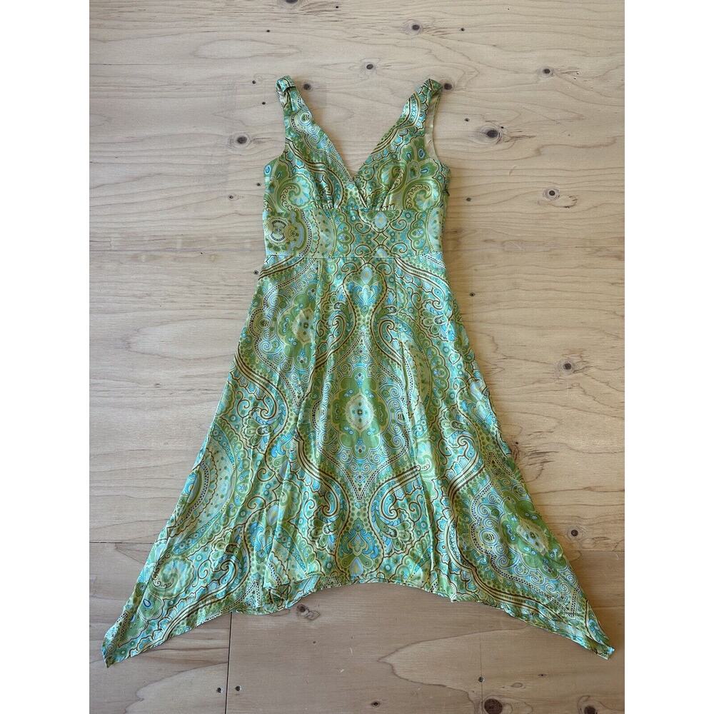 Molly New York 100% Silk Dress Women 2 Y2K Yellow/Green Mini Plunge Neck